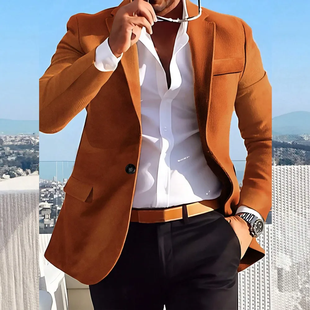 Men's Plain One Button Flap Pocket Notch Lapel Blazer