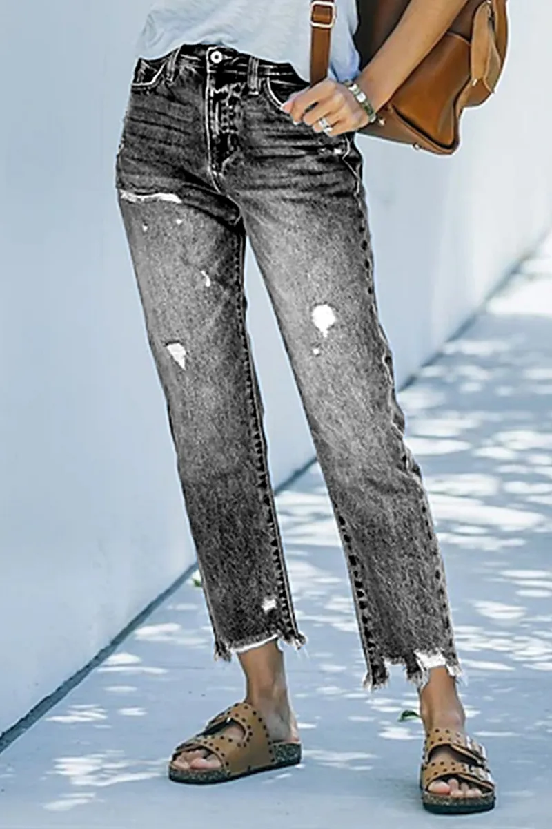 Ripped Raw Hem Zip Fly Jeans