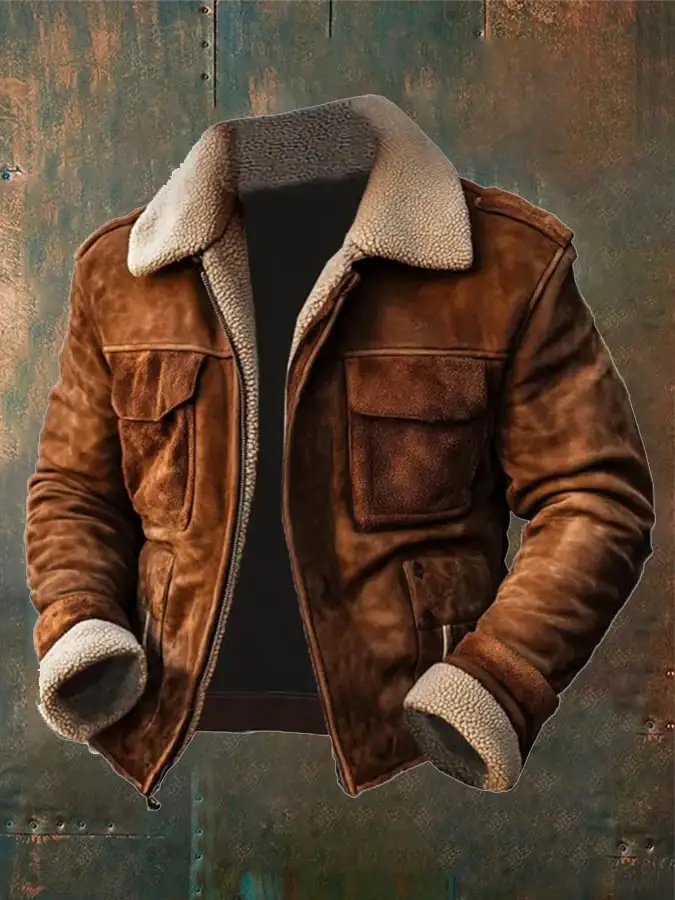 Men's Vintage Suede Patchwork Lamb Fleece Multi-Pocket Reverse Collar Outdoor Jacket