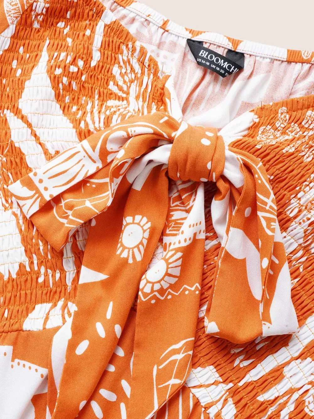 Tropical Print Bowknot Shirred Lantern Sleeve Blouse