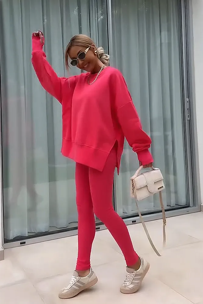 Women's solid color round neck top and pants two-piece set