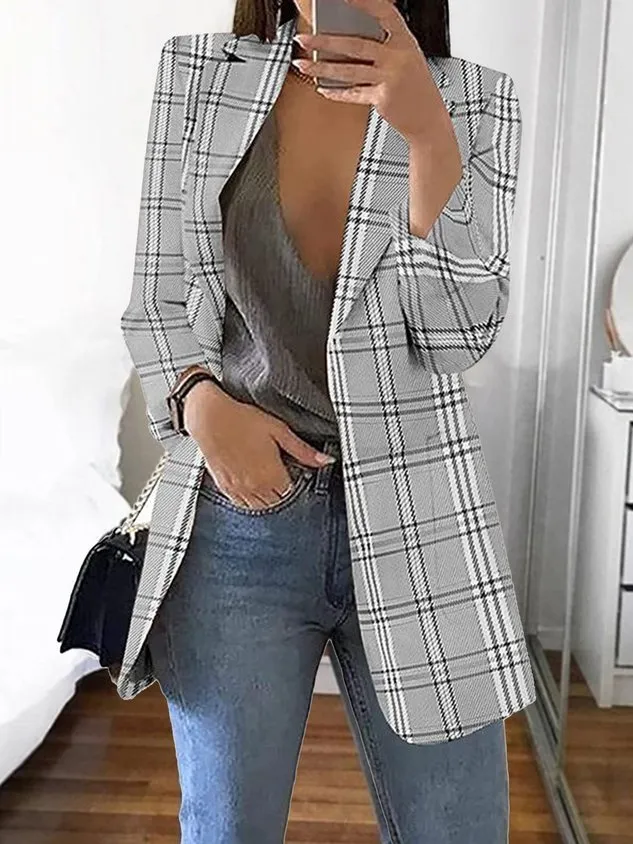 Shawl Collar Casual Plaid Polyester Cotton Blazer