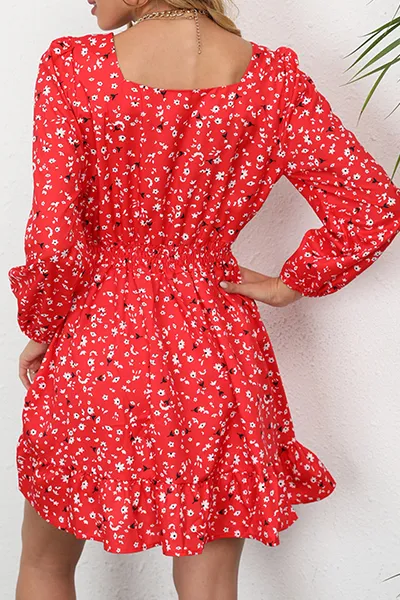 Elegant Floral Split Joint Square Collar Waist Skirt Dresses