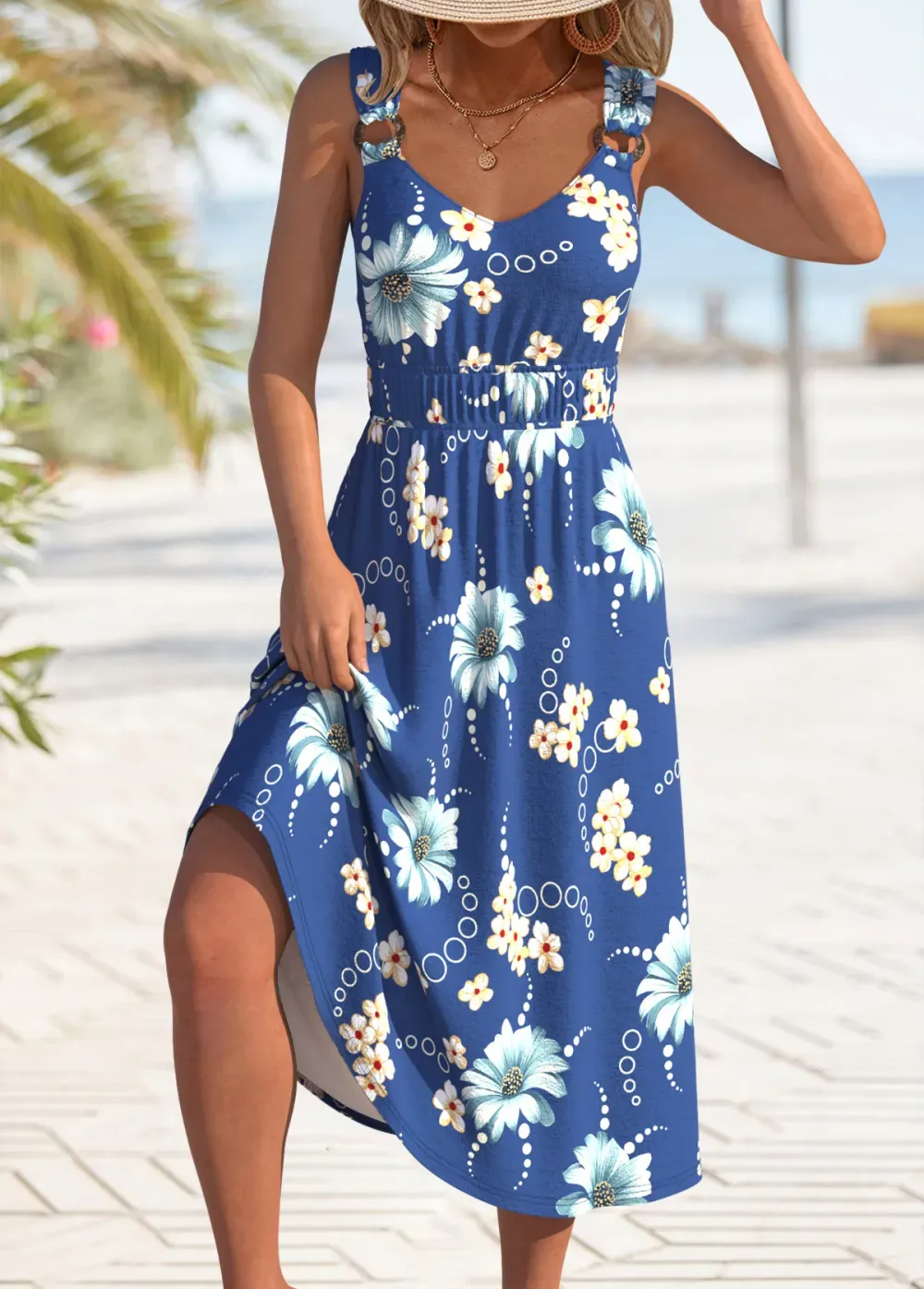 Blue Circular Ring Floral Print Strappy V Neck Dress