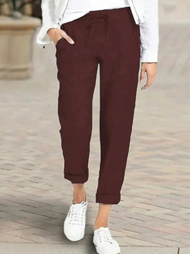 Women's Pants Trousers Capri shorts Baggy Faux Linen Solid Colored Baggy Ankle-Length Mid Waist Basic Casual Daily Black Wine S M Summer Spring &  Fall