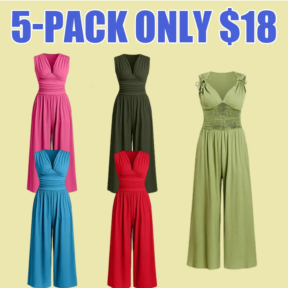 Women's Sleeveless Ruched V-Neck Ribbed Jumpsuit – Minimalist Wide-Leg One-Piece