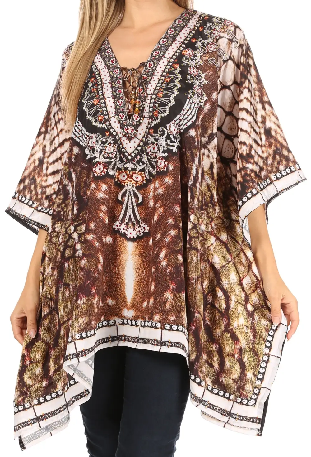 Women's Caftan Poncho Cover up V neck Top Lace up With Rhinestone