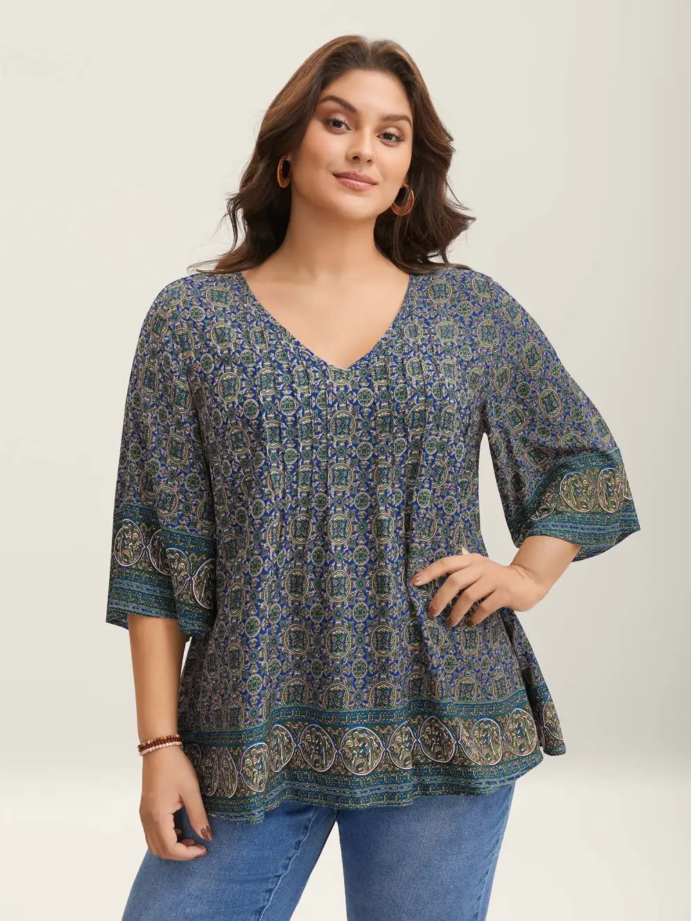 Pin-Tuck Pleat Ornate Print Relaxed Fit Shirt