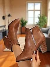 Women's Brown Faux Leather Ankle Boots with Zipper Closure and Block Heel - Stylish Western Fall Footwear for Daily and Casual Outfits