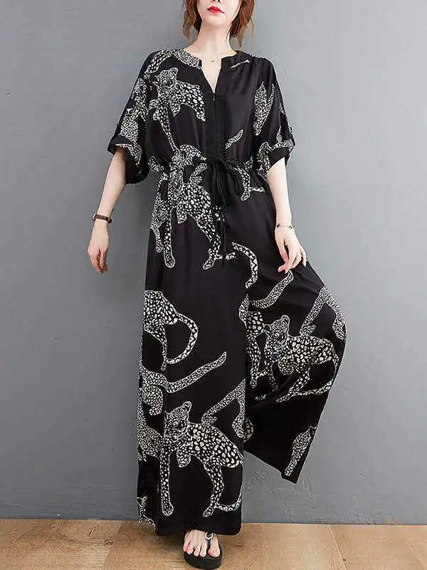 Vintage Original Floral Leopard Printed Split-Joint Tied V-Neck Half Sleeves Wide Leg Jumpsuits