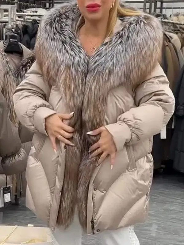 Mid - length Down Jacket with a Fur - trimmed Hood