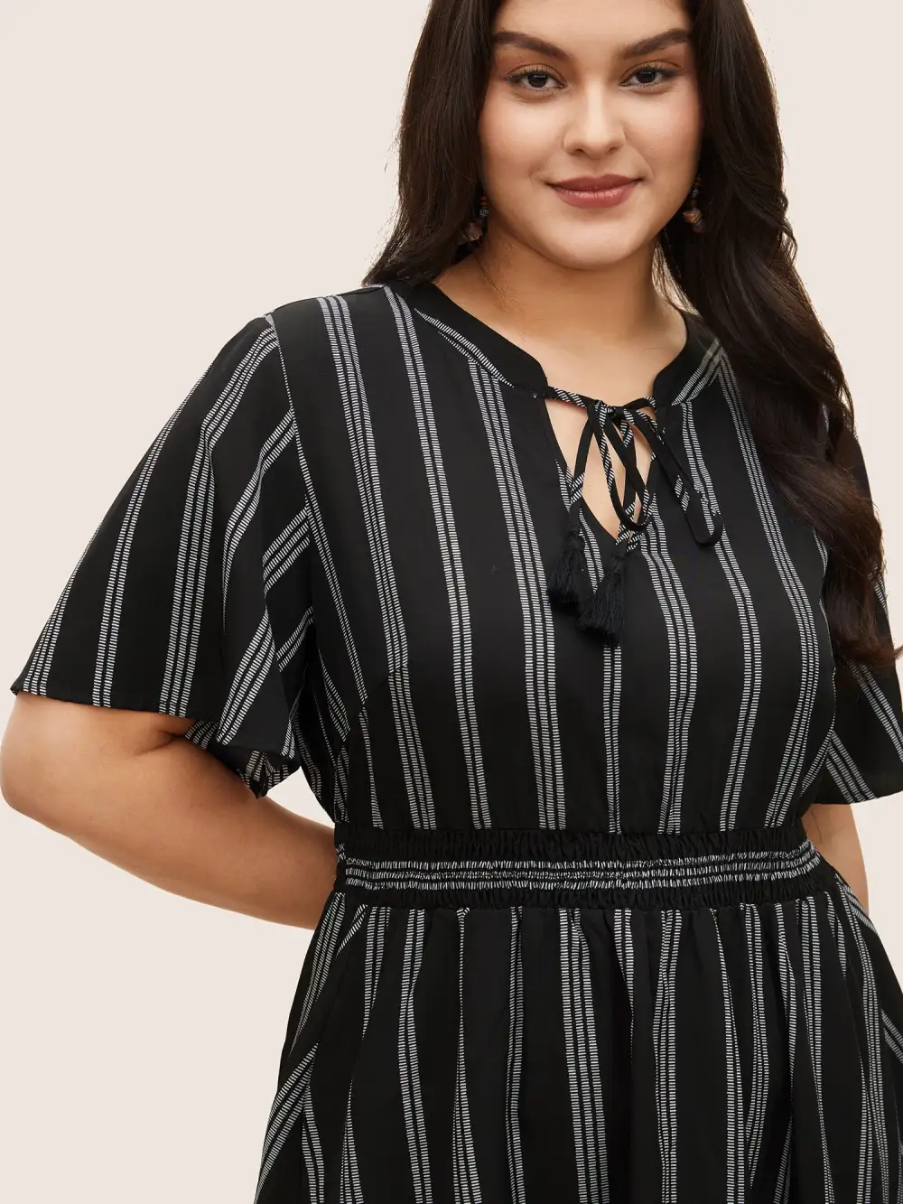 Striped Patchwork Tassels Ties Shirred Dress