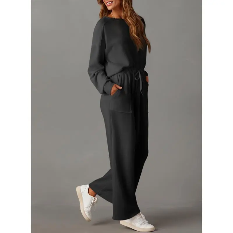 Women's Cotton 2 Piece Outfits Sweatsuit Casual Fall Long Sleeve Knit Tops And Pants Lounge Sets