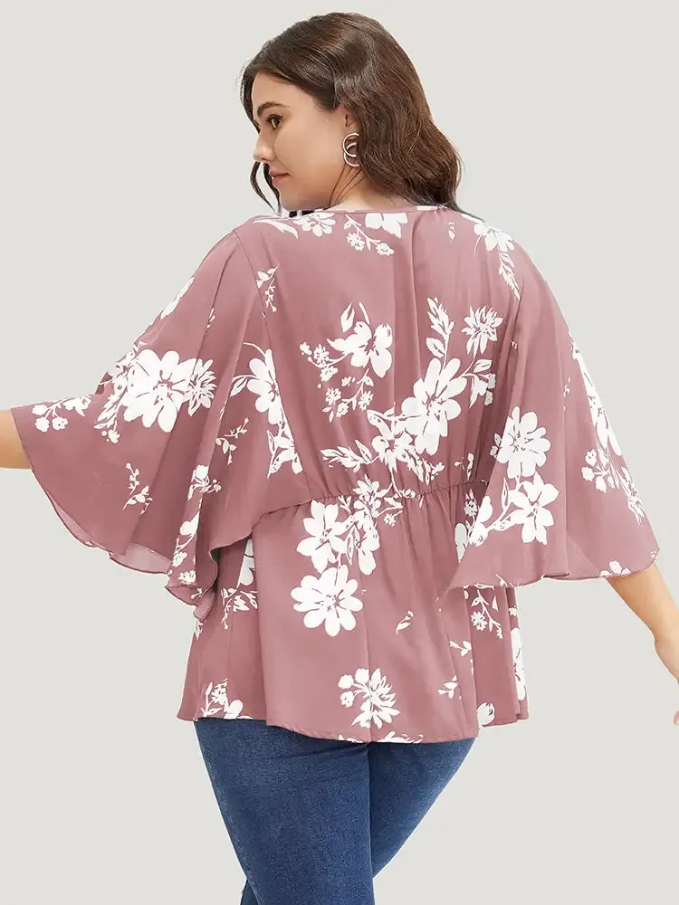 Floral Printed Plicated Detail Flutter Sleeve Blouse
