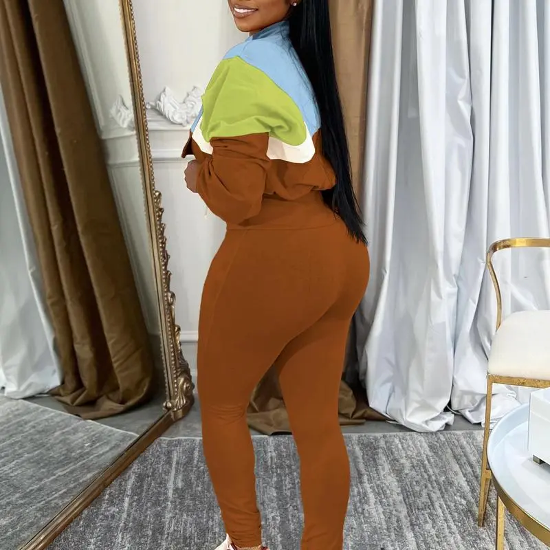 Women's Two - Piece Knit Tracksuit: Zip Jacket & Elastic Waist Pant, Pink - Blue Colorblock