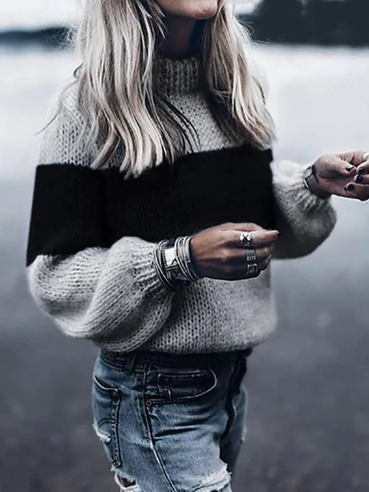 Striped Colorblock Mohair Crew Neck Sweater