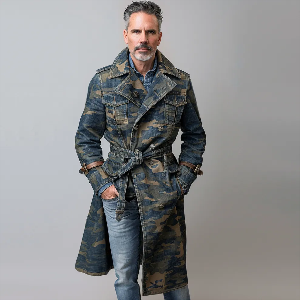 Men's Camo Peaked Lapel Lace Up Knee Length Trench Coat