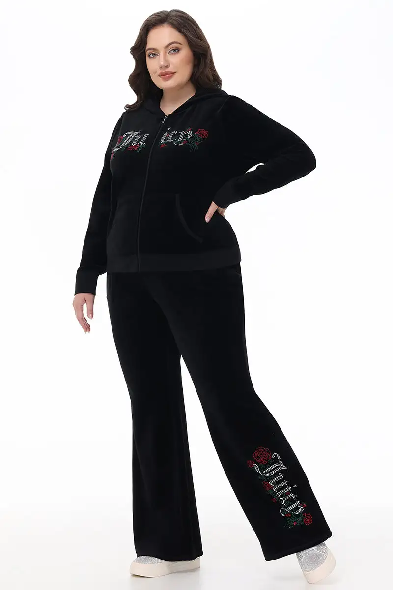 Plus-Size Juicy Roses Bling Snap Pocket Cotton Velour Pants