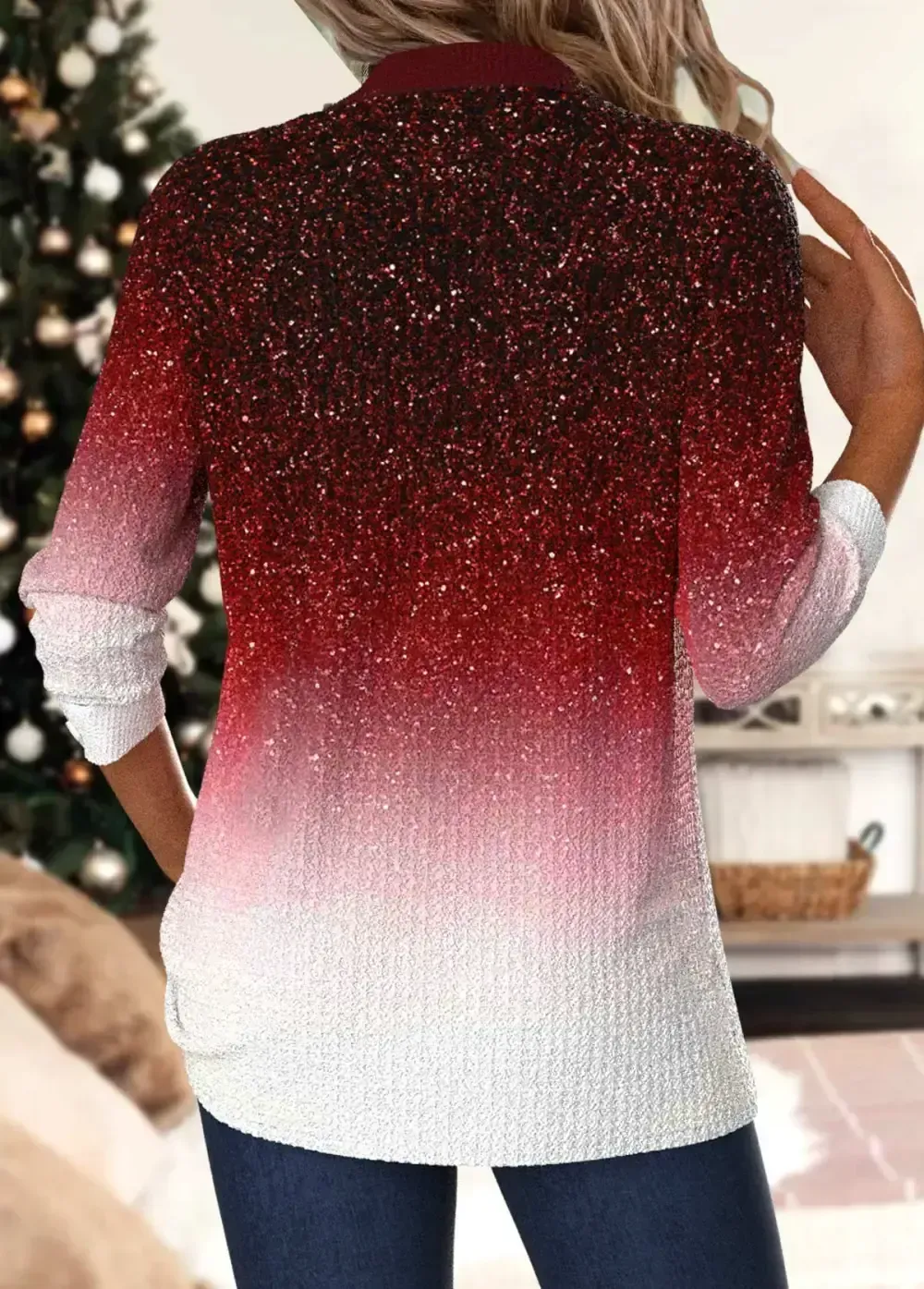 Red Patchwork Ombre Long Sleeve Turn Down Collar Shirt