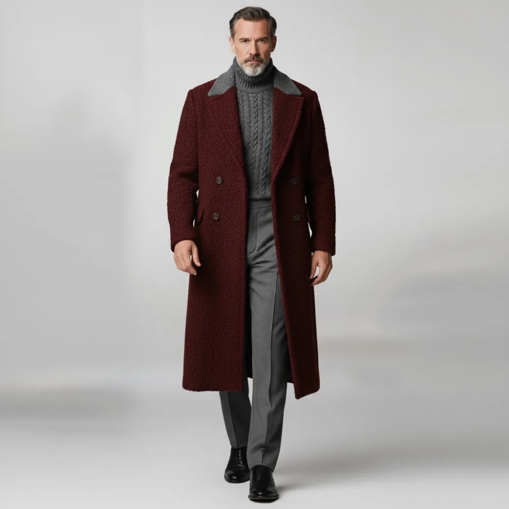 Men's Burgundy Two Tone Lapel Collar Double Breasted Long Sleeve Textured Overcoat