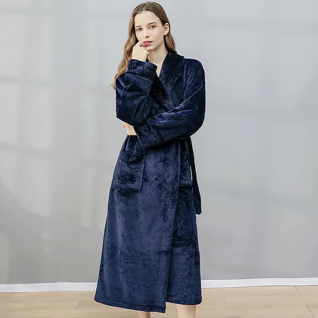Women's Bathrobe Robes Gown Nighty 1 PCS Pure Color Warm Comfort Plush Robe Xmas Home Christmas Street Fleece Warm Lapel Long Sleeve Basic Belt Included Fall Winter White Pink