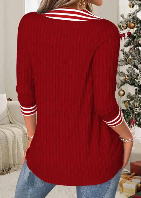 Christmas Wine Red Tummy Coverage Striped T Shirt