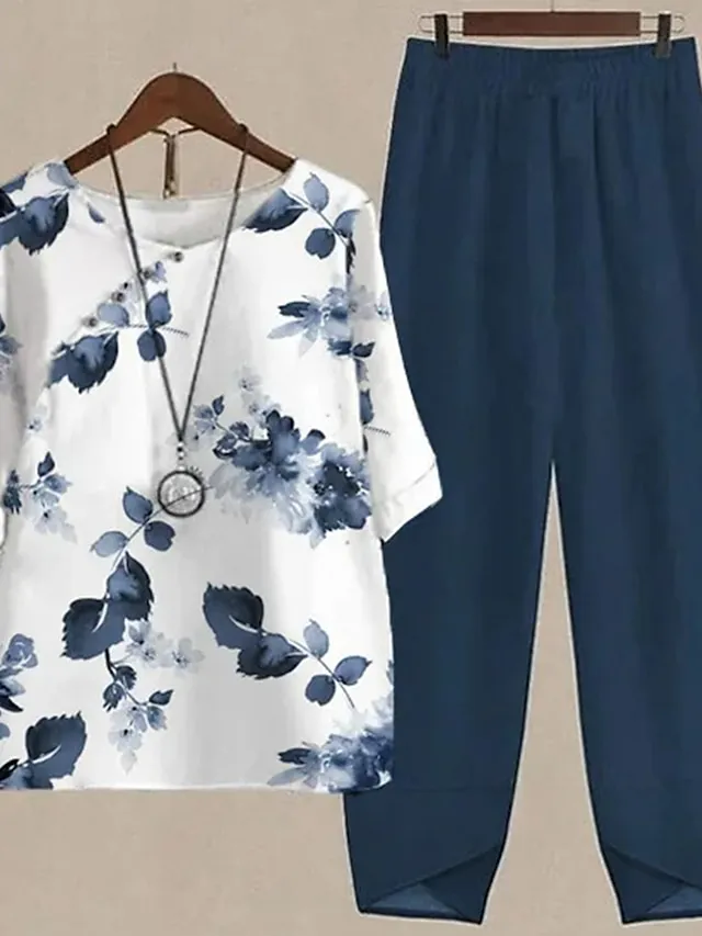 Women's Shirt Pants Sets Floral Holiday Weekend Print Blue Elegant Fashion Daily Round Neck Fall & Winter