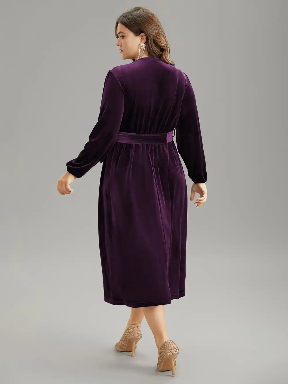 Solid Velvet Belted Wrap Arc Hem Dress