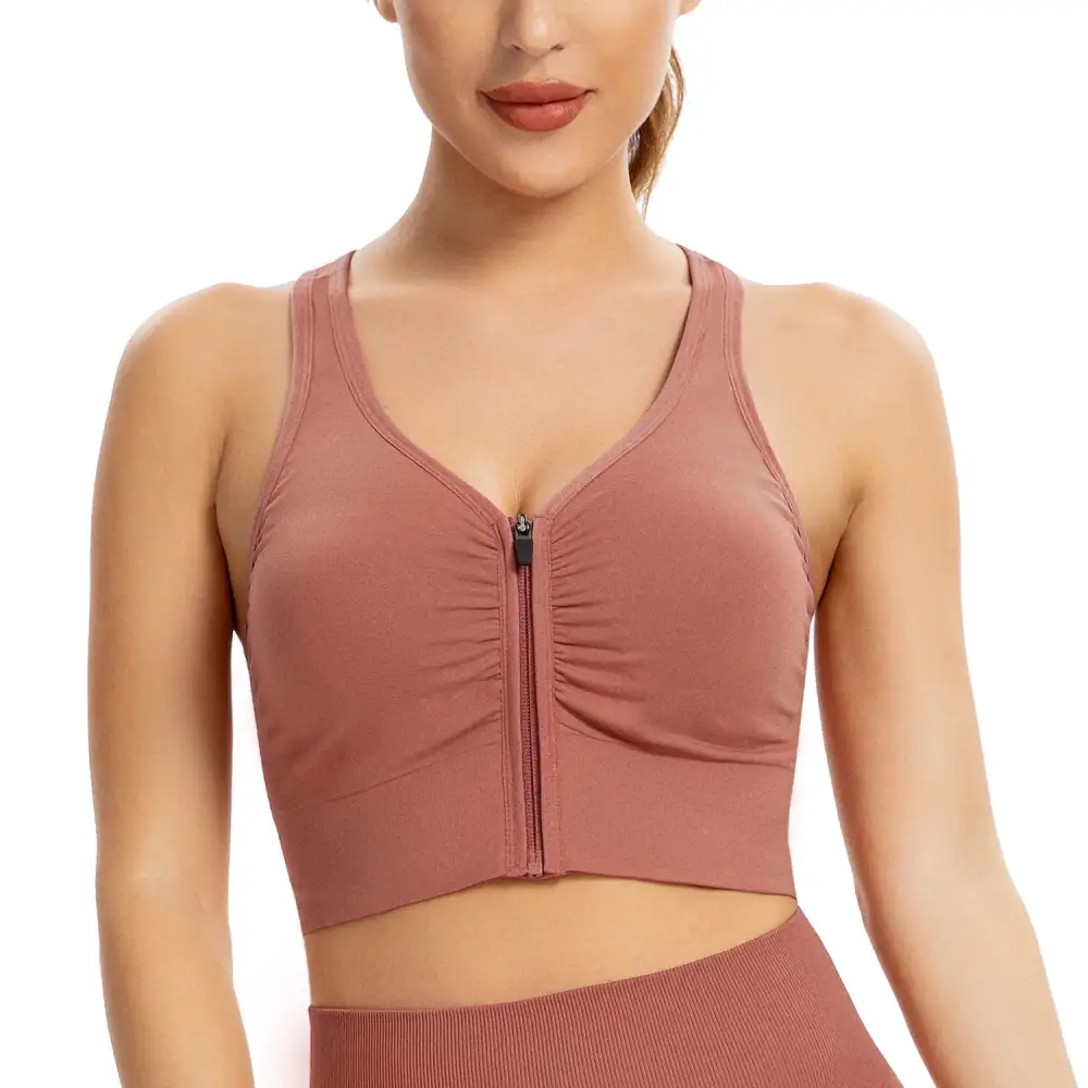Women's Zip Front Sports Bra Padded Low Impact Wirefree Yoga Bras X Back Comfortabe Bra Workout Tank Tops