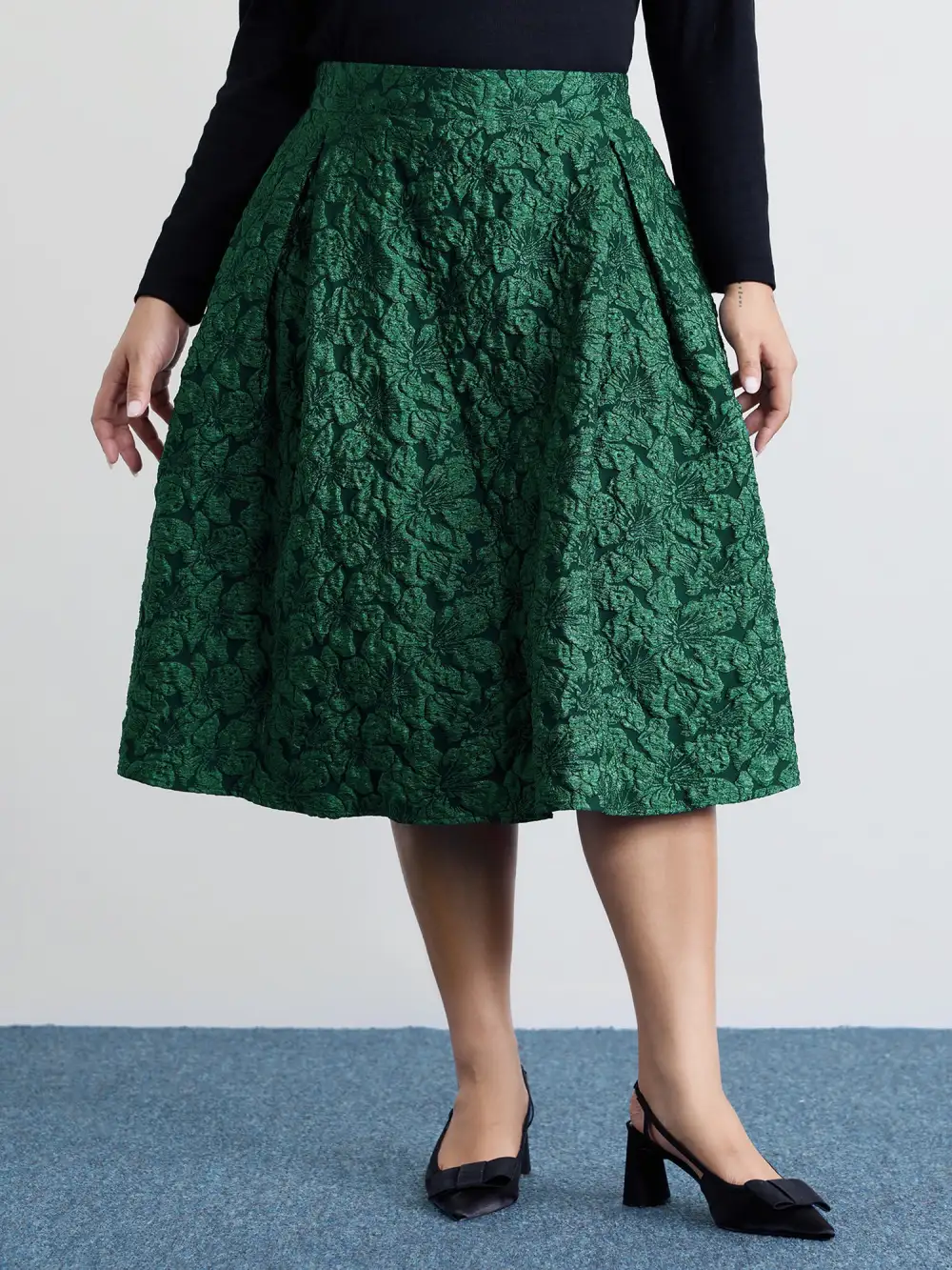 Floral Jacquard Pleated Midi Skirt