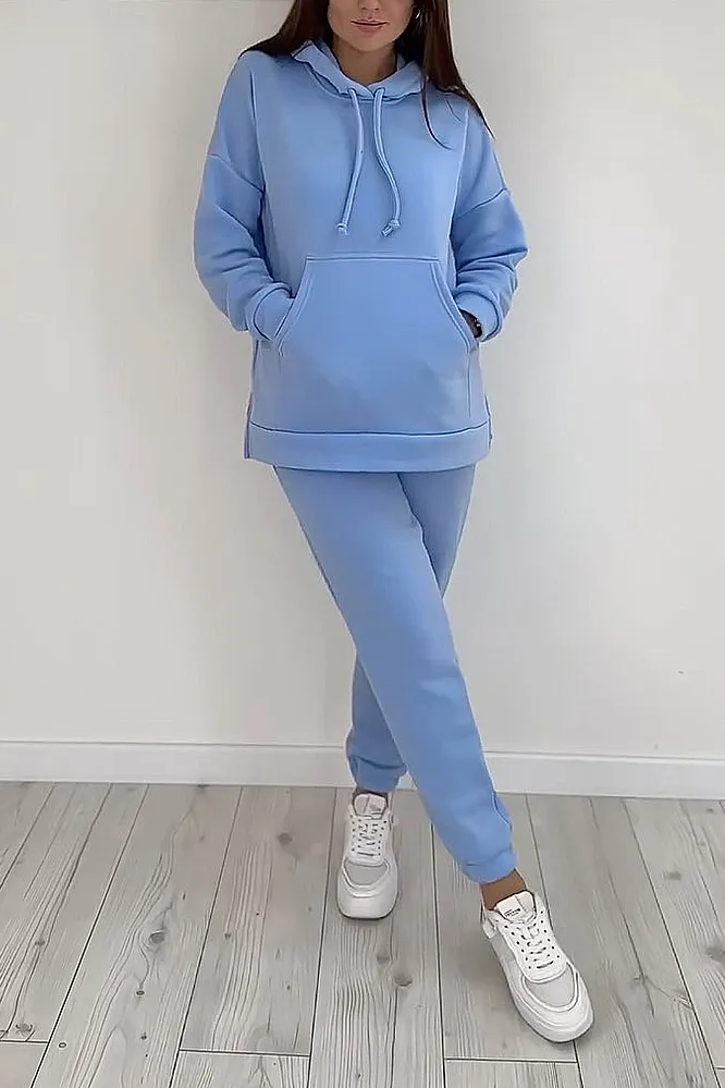 Women's solid color fleece hoodie and pants two-piece set