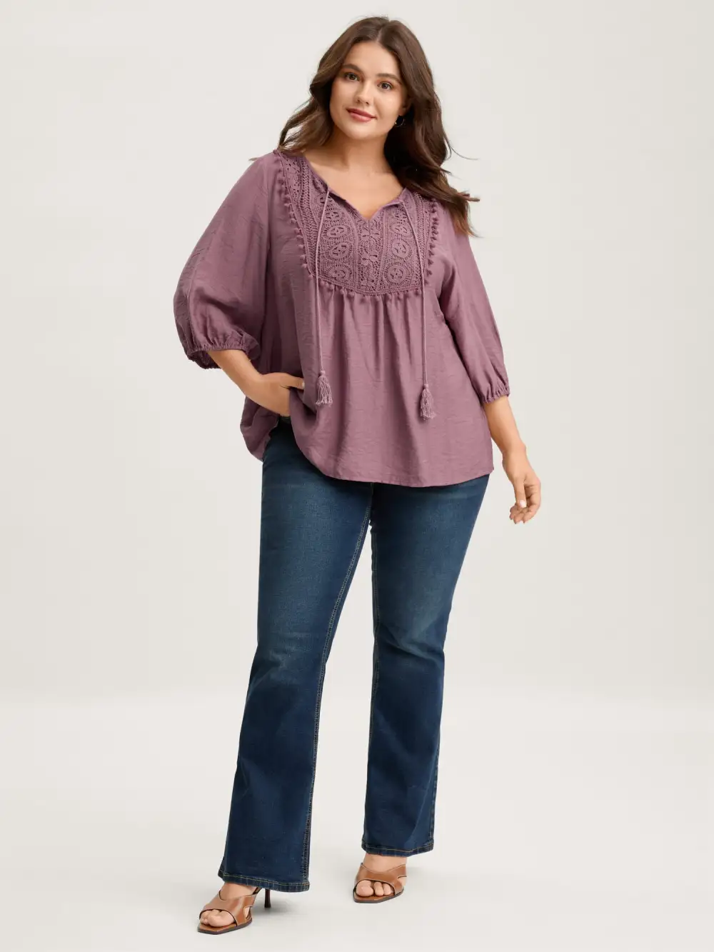 Lace Neck Tie Flowy Solid Blouse