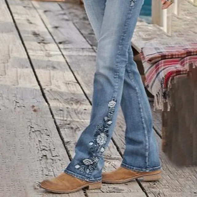 Women‘s Low Rise Jeans Bootcut Flared Pants Full Length Denim Embroidered Side Pockets Stretchy High Waist Fashion Casual Office Vacation Robin‘s Egg Blue S M