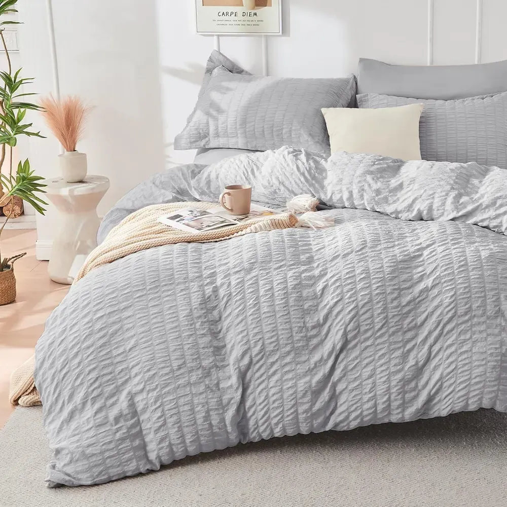 Queen Comforter Set Seersucker 7 Pieces, All Season Luxury Bed in a Bag for Bedroom, Bedding Set with Comforters, Sheets, Pillowcases & Shams, Dark Grey
