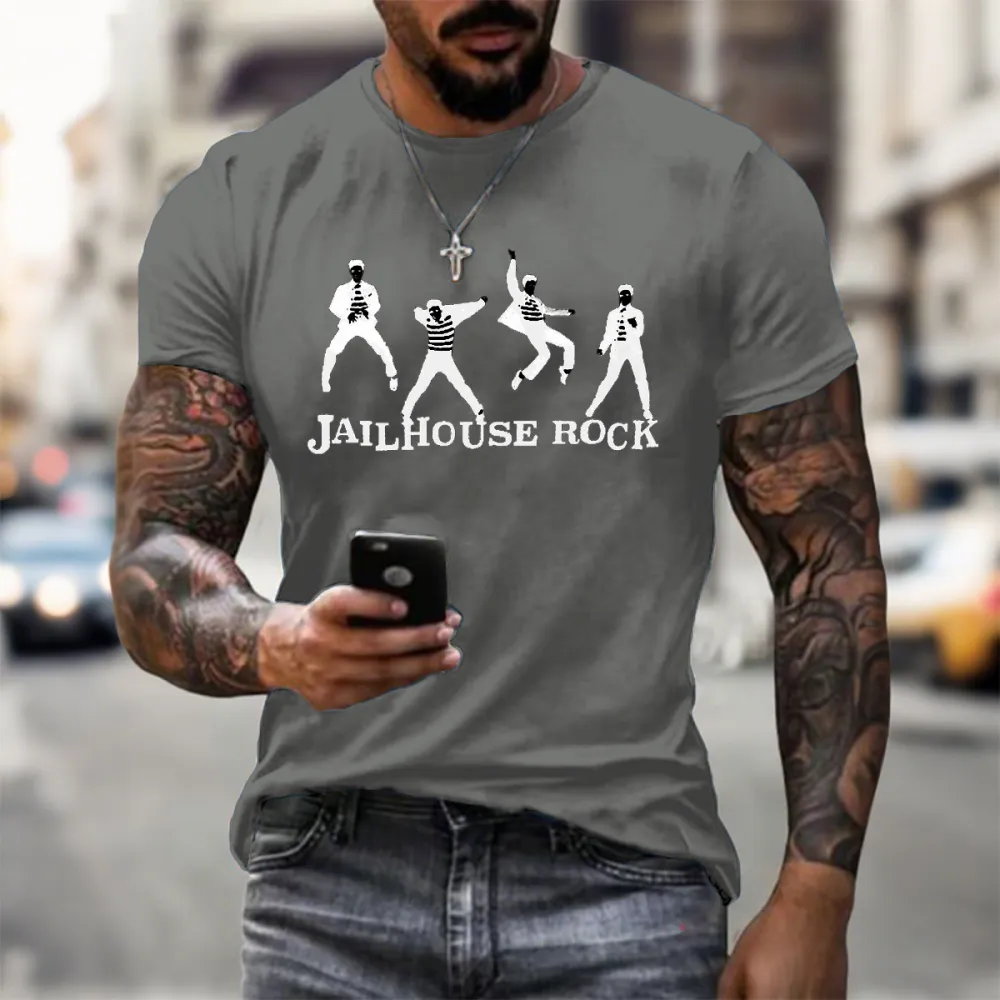 Men's Jail House Rock Print Short Sleeve Round Neck Cotton T-Shirt