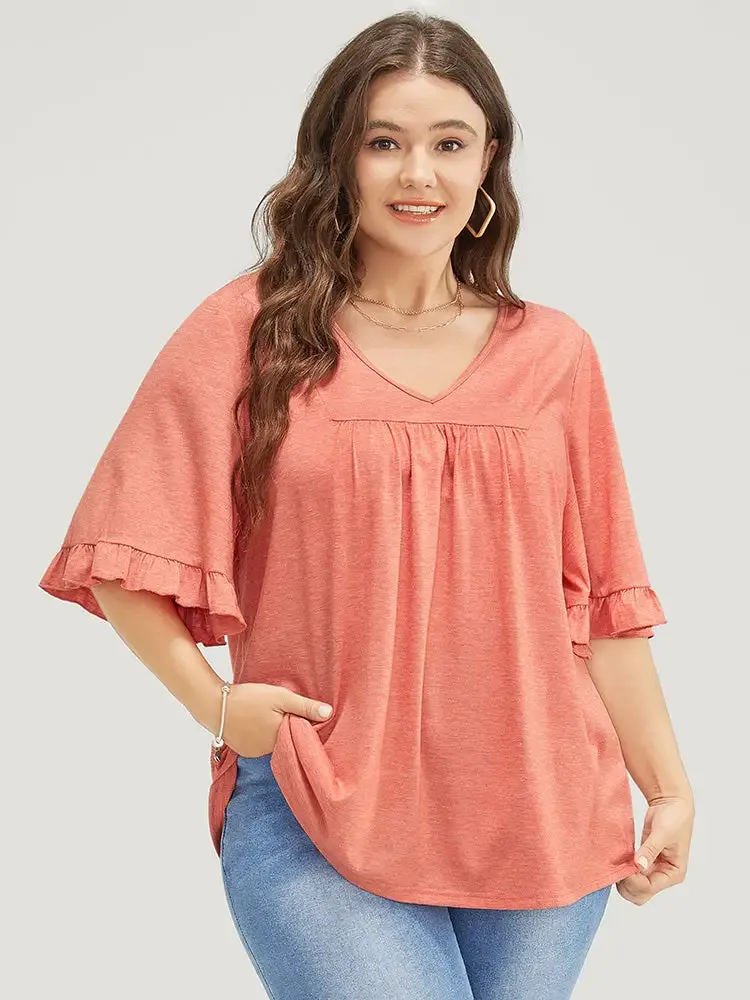 Solid Gathered Ruffle Trim Flounce Sleeve T-shirt