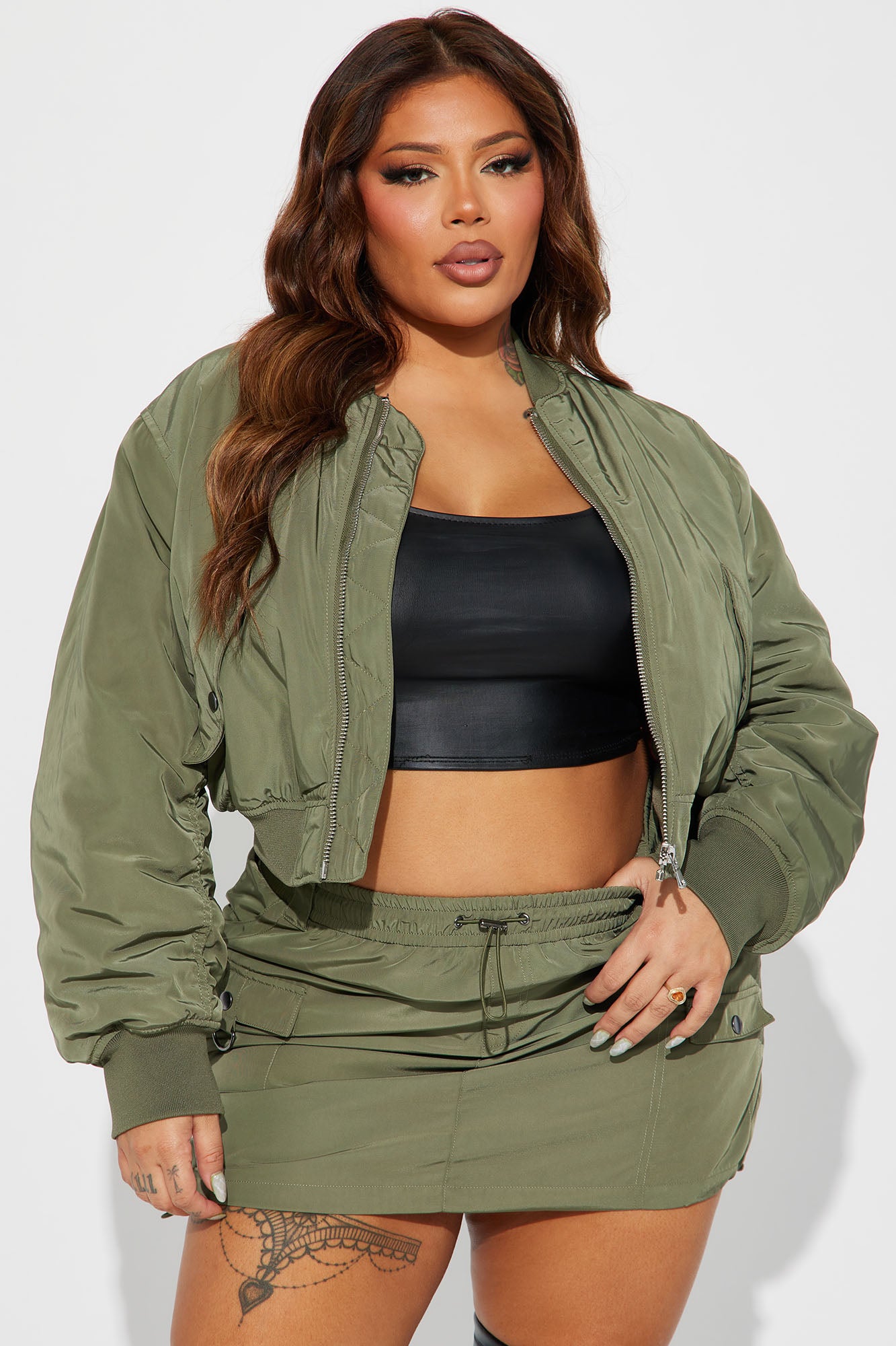 Got To Get Away Bomber Skirt Set - Olive