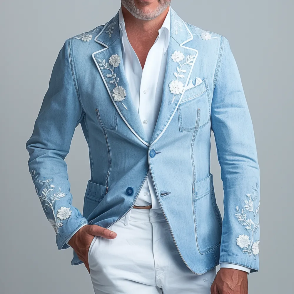 Men's Floral Notched Lapel Two Button Denim Blazer