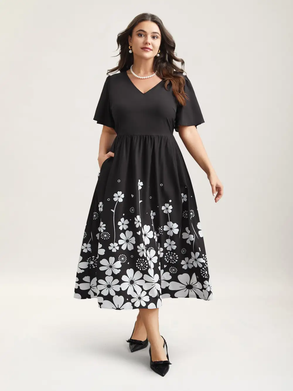 V-Neck Floral Print Flared Sleeve Dress