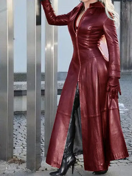 PU Leather Zipper Design Long Sleeve Coat