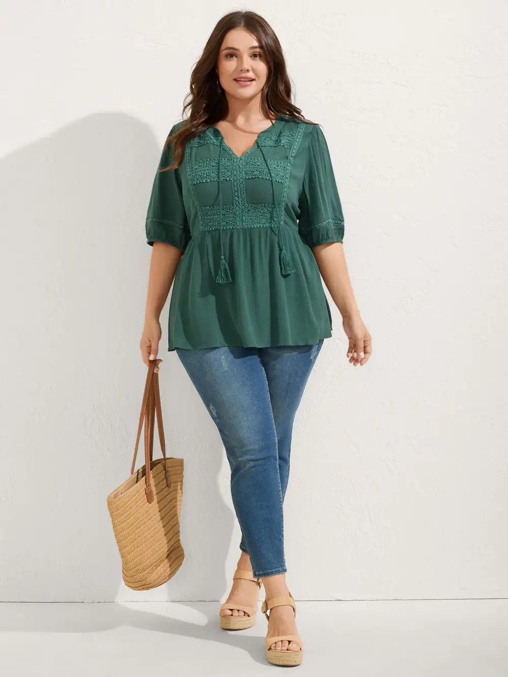 Rayon Lace Tassel Neck-Tie Blouse