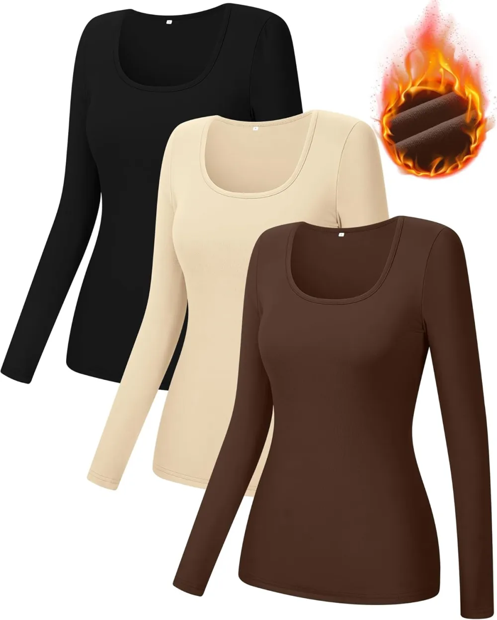 3 Pack Women's Thermal Long Sleeve Shirts Fleece Lined Scoop Neck Stretch Fitted Tops Winter Base Layer Underwear