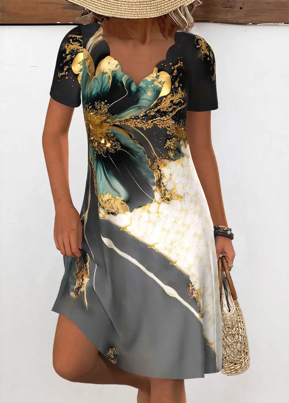 Multi Color Random Floral Print Short Sleeve Dress