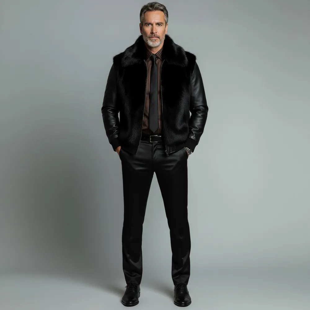 Men's Black Artificial Fur Lapel Patchwork PU Long Sleeve Zipper Jacket