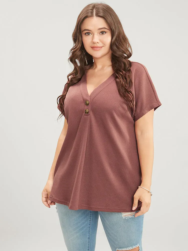 Solid Dolman Sleeve Button Detail Waffle Knit T-shirt