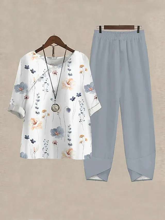Women's Shirt Pants Sets Floral Casual Daily Print Orange Short Sleeve Daily Basic Crew Neck Fall & Winter