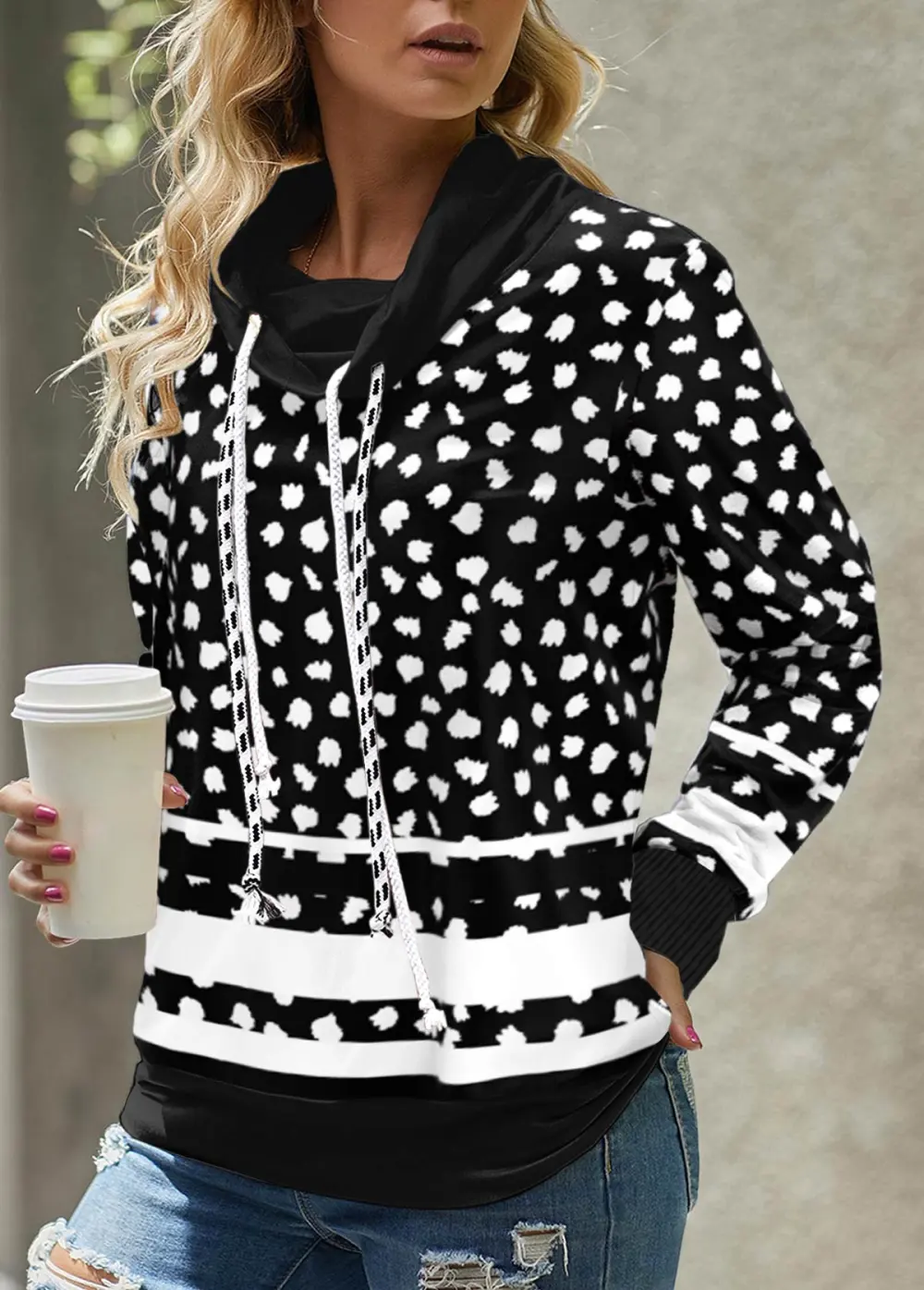 Black Drawstring Geometric Print Long Sleeve Cowl Neck Sweatshirt