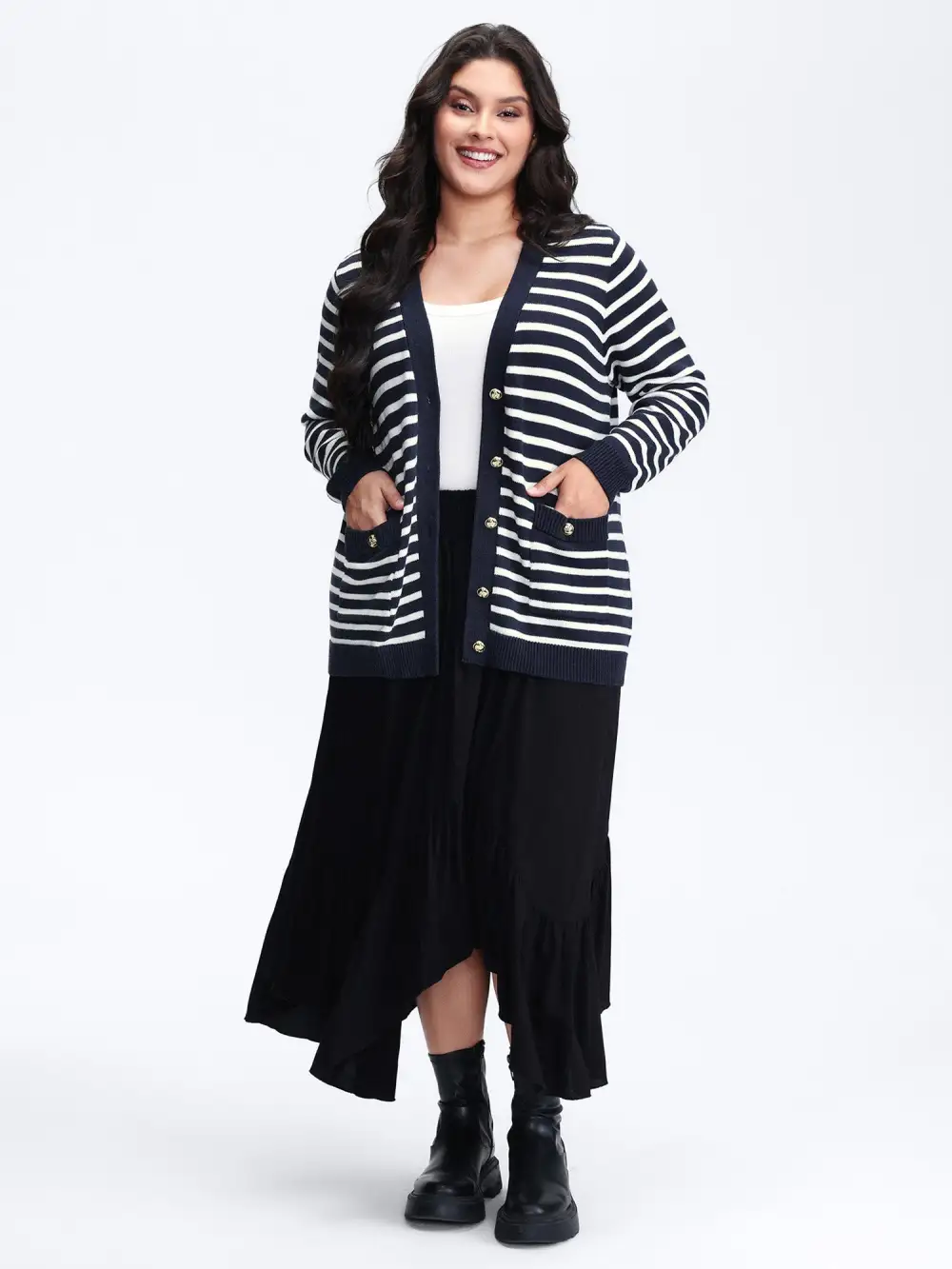Wool-Blend Stripe Button Pockets Knit Cardigan