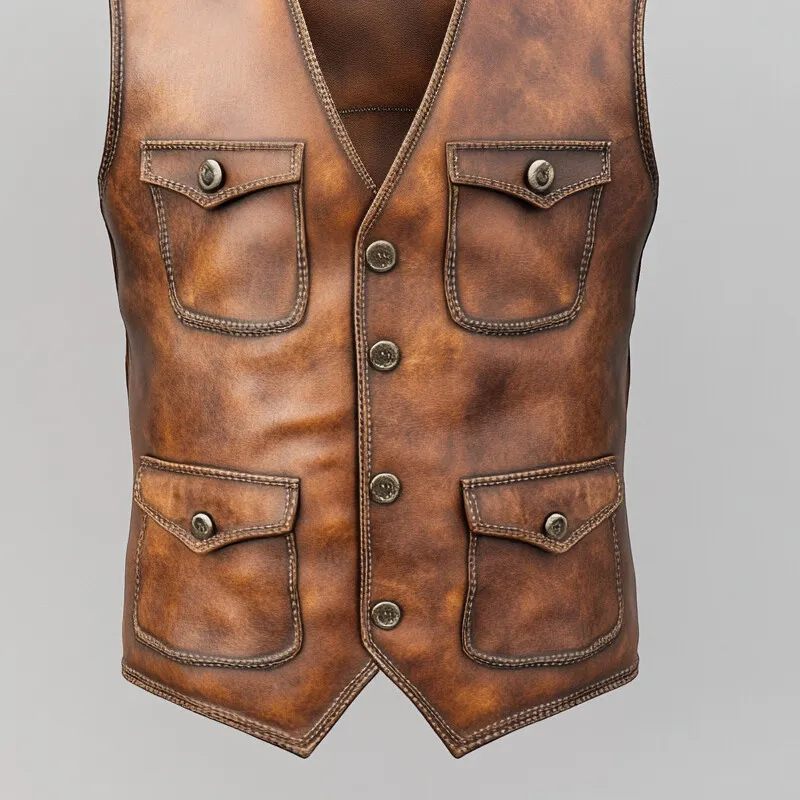 Men's Retro V Neck Button Multiple Pockets PU Leather Vest