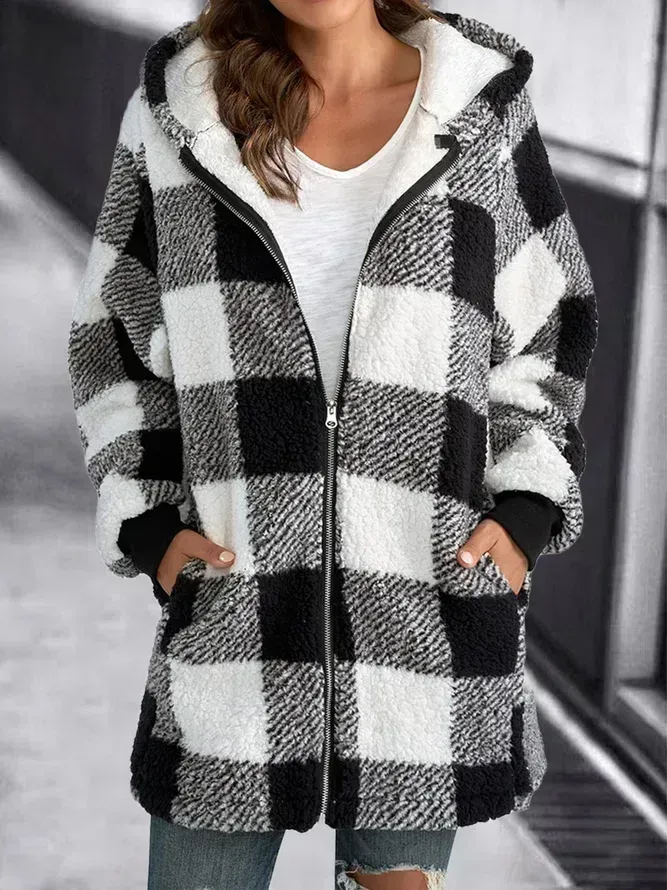 HOODIE PLAID LOOSE OVERCOAT